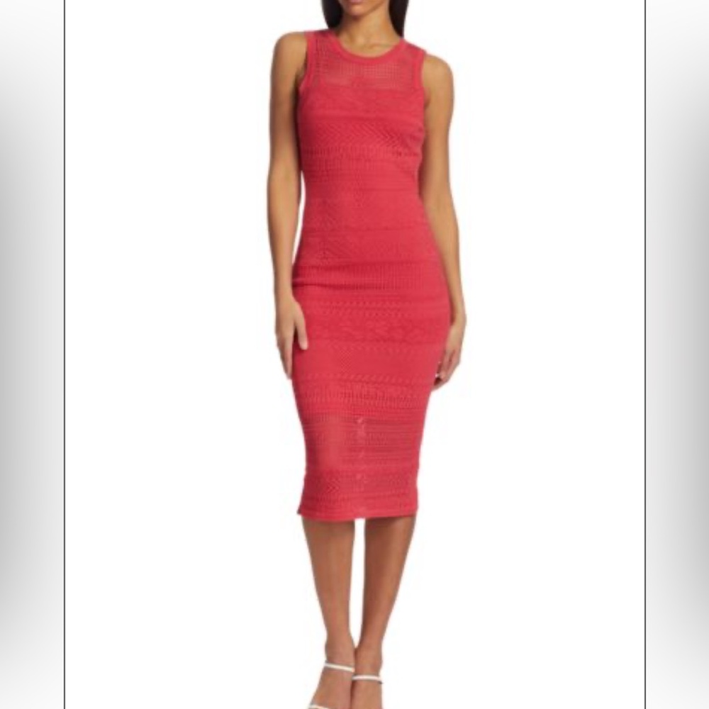 MILLY Laser Cut Knit Midi Dress in Pink Size Small